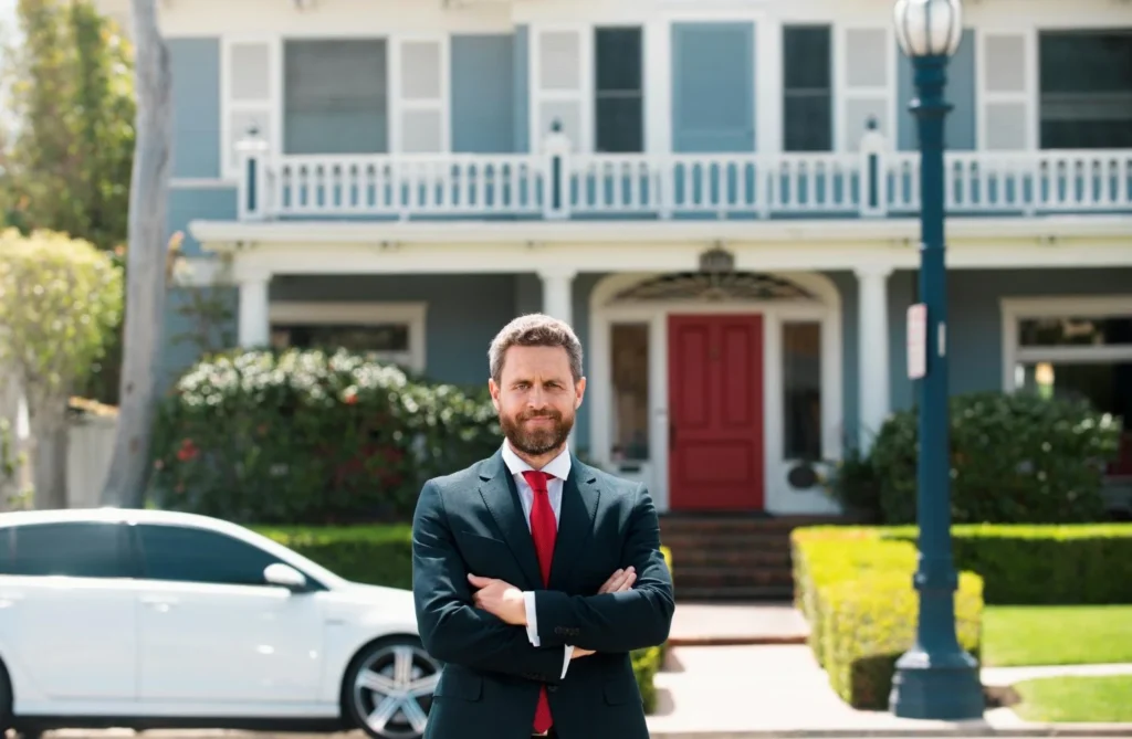 Bearded businessman in a dark suit and red tie stands confidently with arms crossed before an elegant townhouse, conveying professionalism.