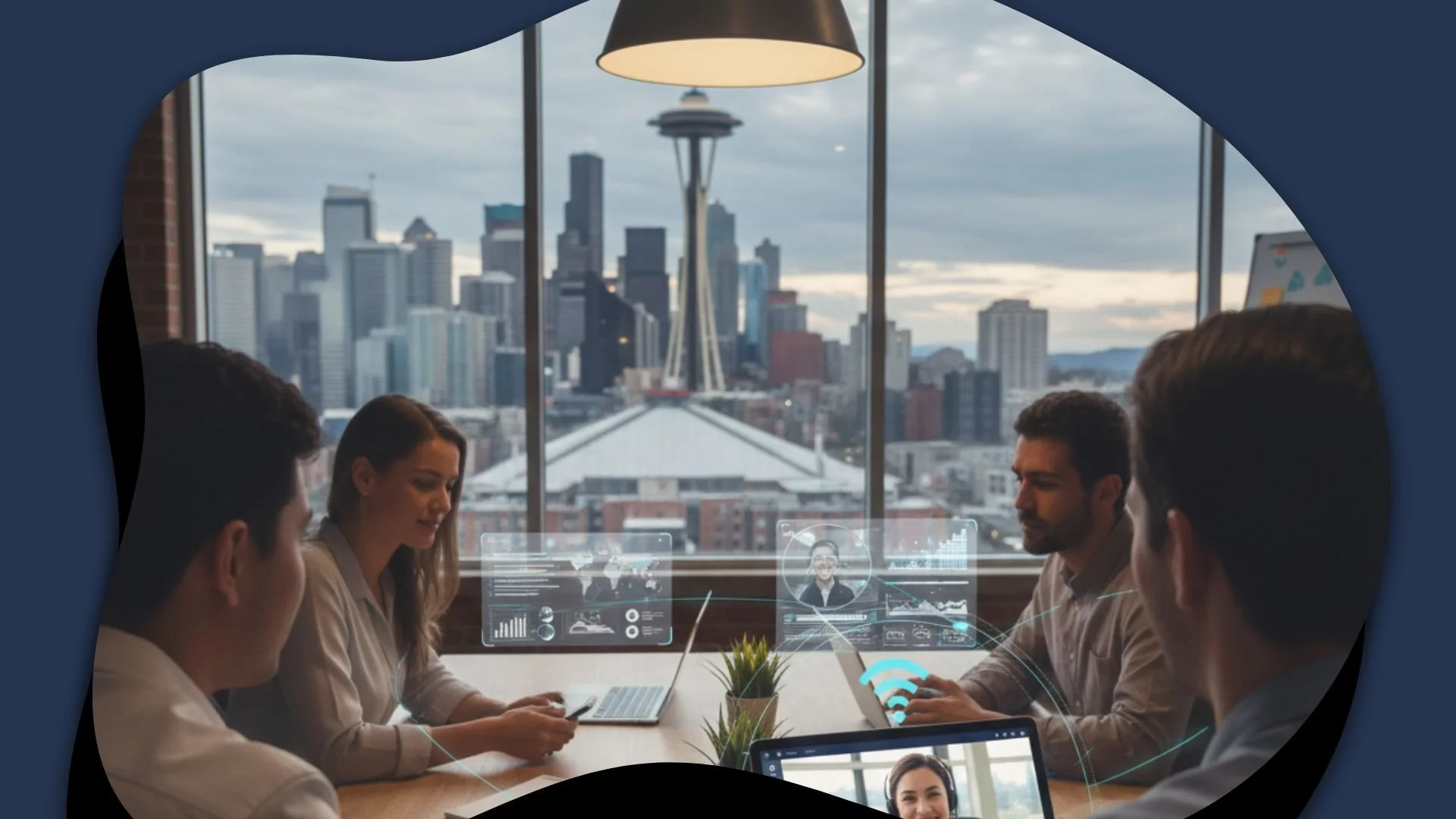 A group of professionals having a virtual meeting in a conference room with a city skyline visible through the window.
