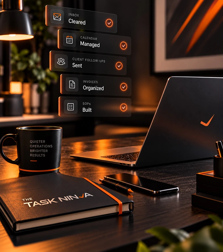 A desk setup featuring a laptop, a black mug with the text "QUIETER OPERATIONS, BRIGHTER RESULTS," a notebook labeled "THE TASK NINJA," and a pen, with various task statuses displayed on the screen.